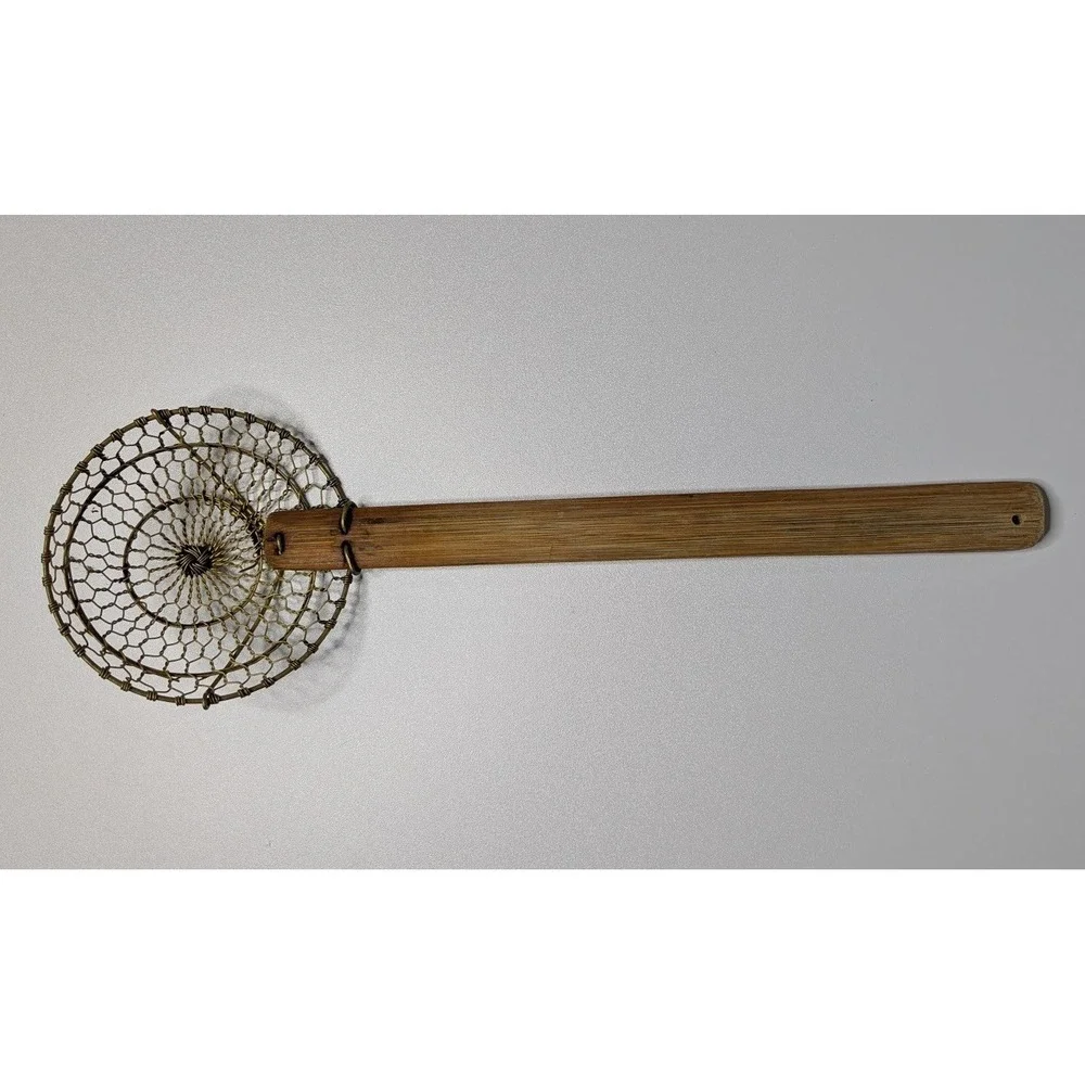 Handmade Wire Spider Strainer – Stainless Basket & Long Wood Handle Skimmer